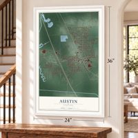 Austin, Indiana map, 24 x 36 inch print in a white frame by a staircase