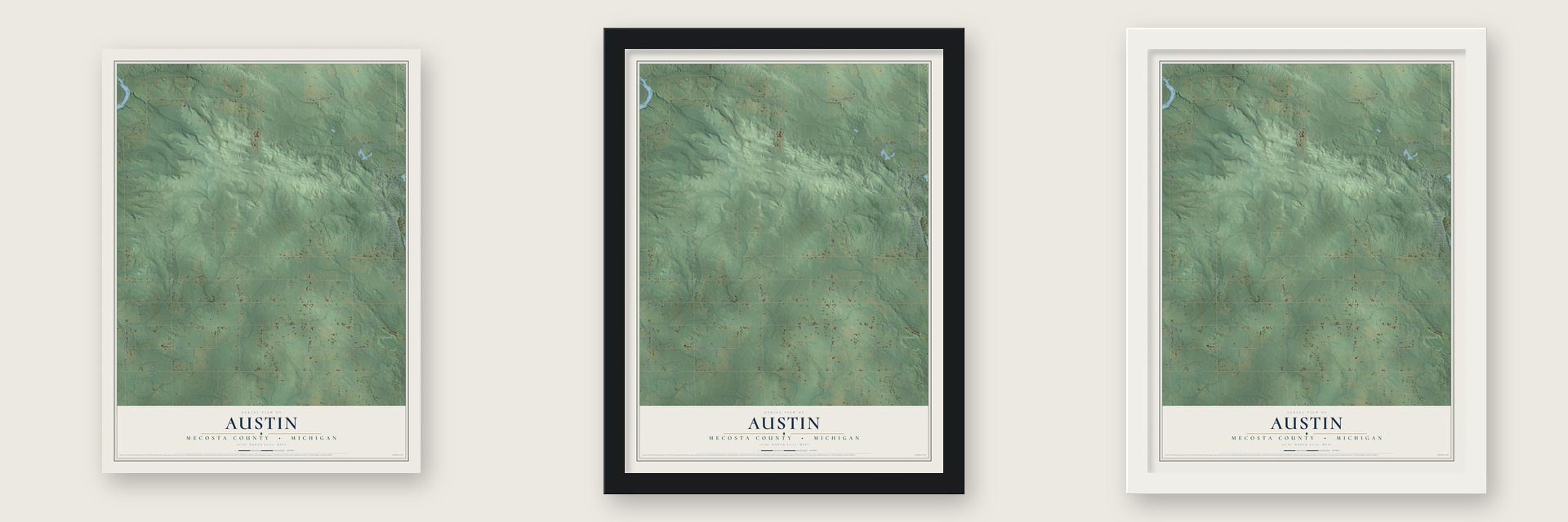 Austin, Mecosta County, Michigan map unframed, in a black wood frame and in a white wood frame