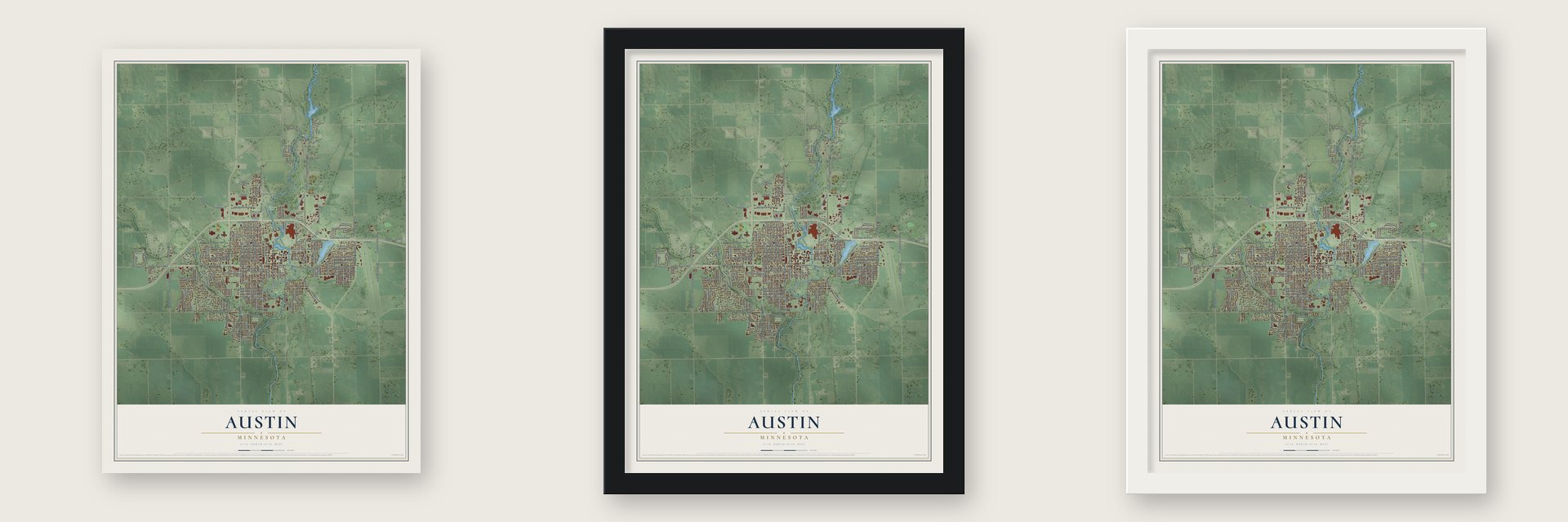 Austin, Minnesota map unframed, in a black wood frame and in a white wood frame