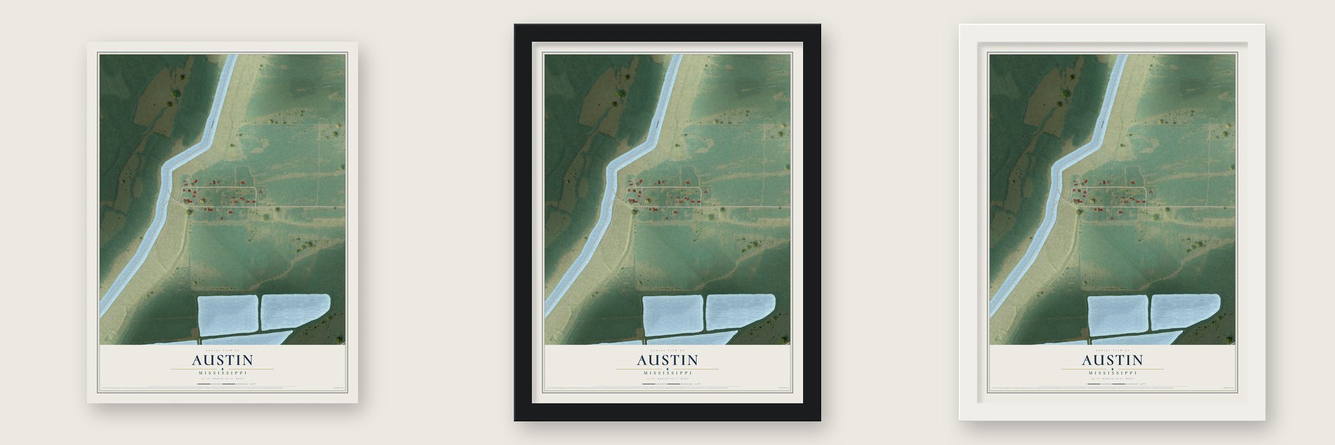 Austin, Mississippi map unframed, in a black wood frame and in a white wood frame