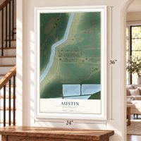 Austin, Mississippi map, 24 x 36 inch print in a white frame by a staircase