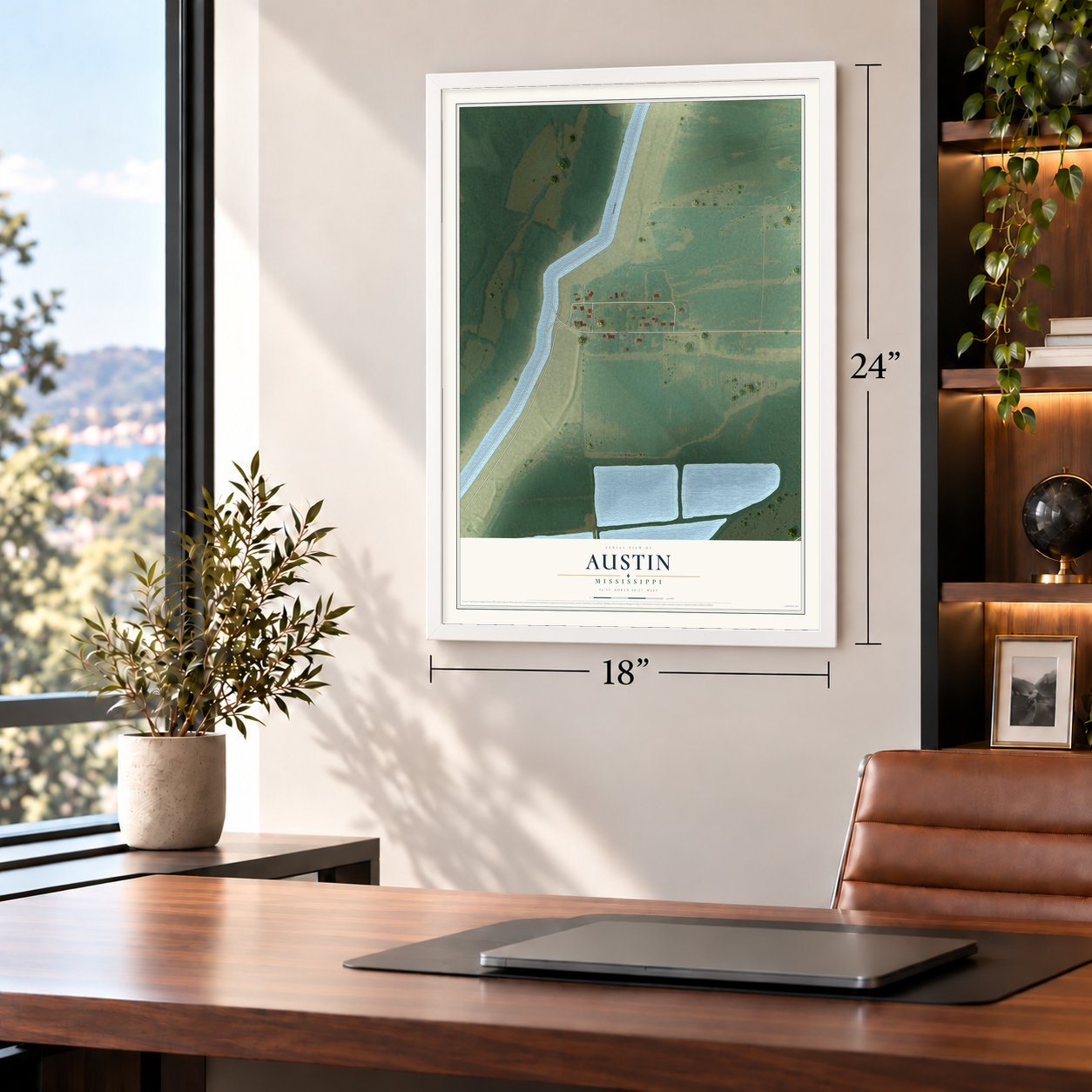 Austin, Mississippi map, 18 x 24 inch print in a white frame in a home office
