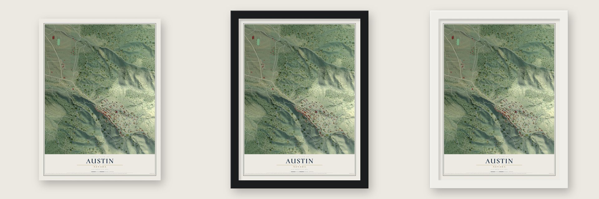 Austin, Nevada map unframed, in a black wood frame and in a white wood frame