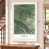 Austin, Nevada map, 24 x 36 inch print in a white frame by a staircase