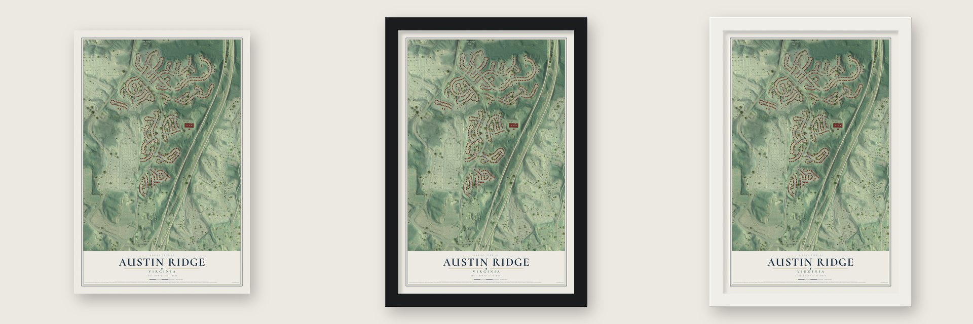 Austin Ridge, Virginia map unframed, in a black wood frame and in a white wood frame