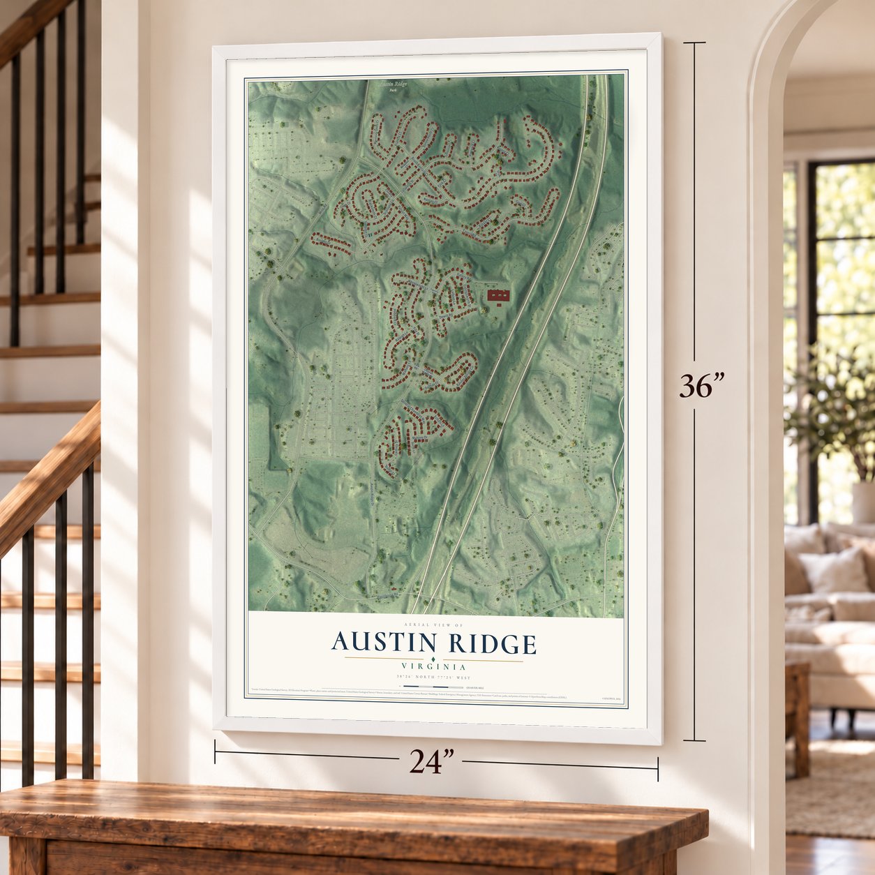 Austin Ridge, Virginia map, 24 x 36 inch print in a white frame by a staircase