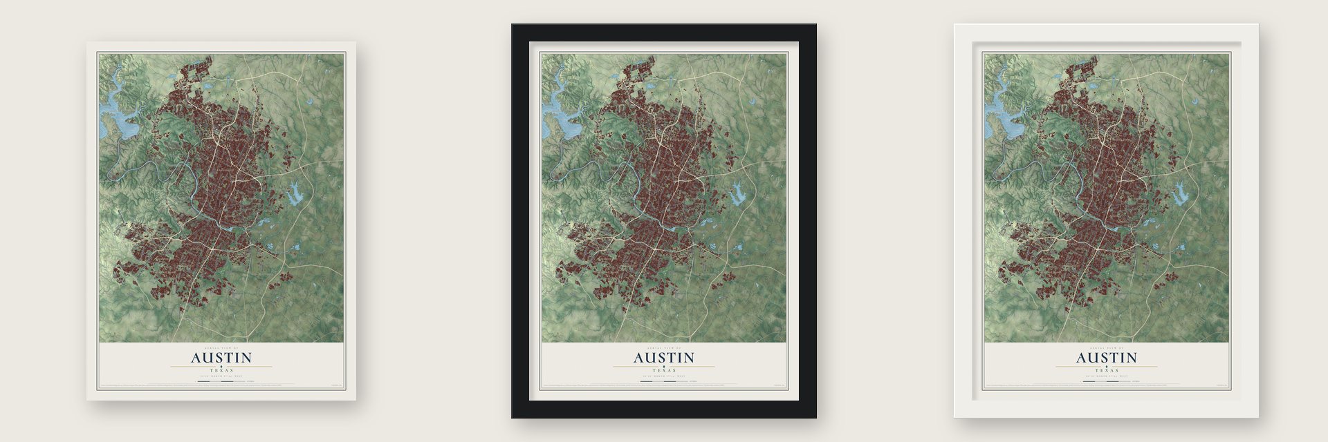 Austin, Texas map unframed, in a black wood frame and in a white wood frame