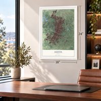 Austin, Texas map, 18 x 24 inch print in a white frame in a home office