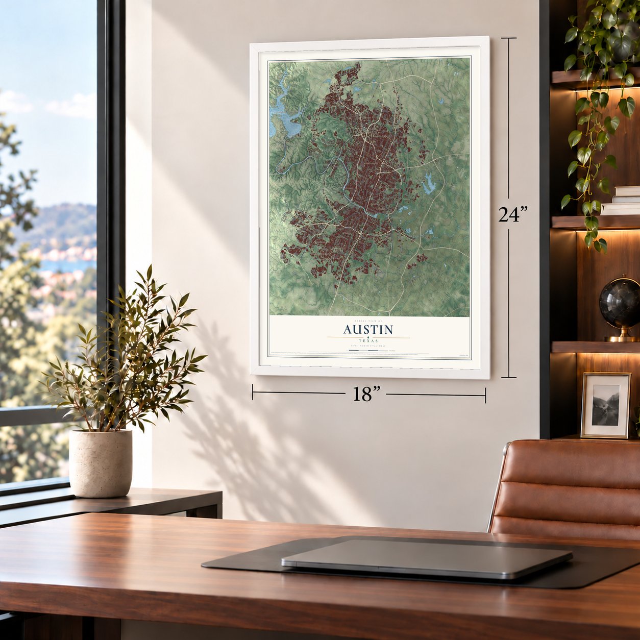 Austin, Texas map, 18 x 24 inch print in a white frame in a home office