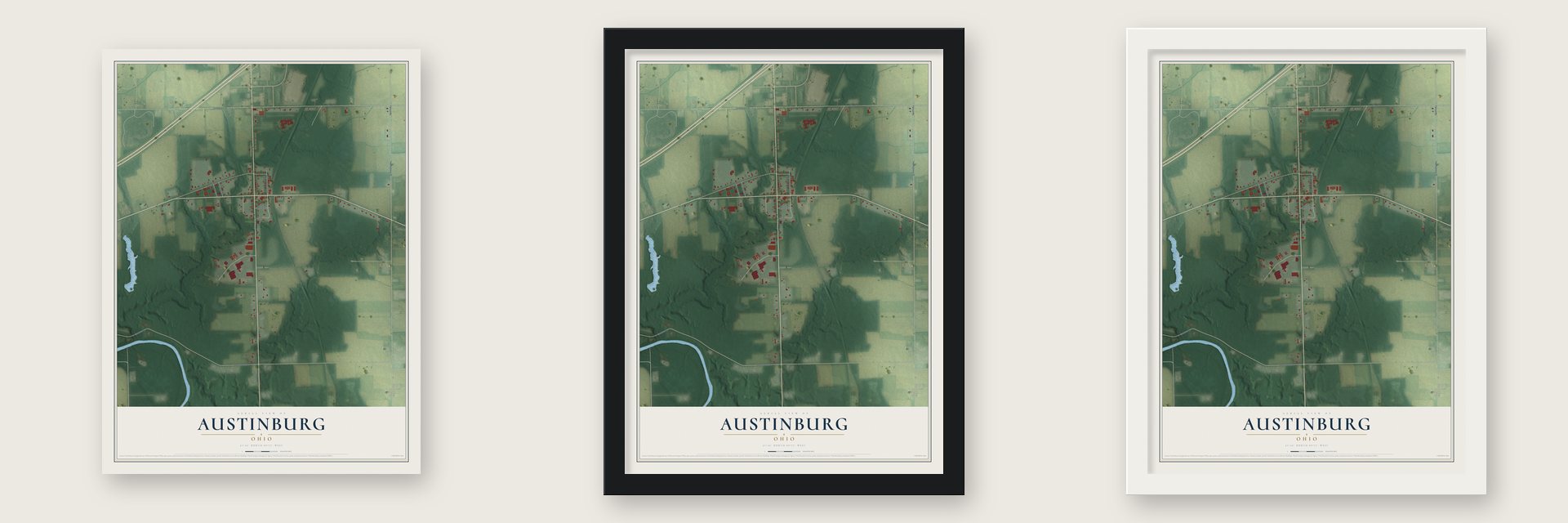 Austinburg, Ohio map unframed, in a black wood frame and in a white wood frame