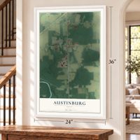 Austinburg, Ohio map, 24 x 36 inch print in a white frame by a staircase