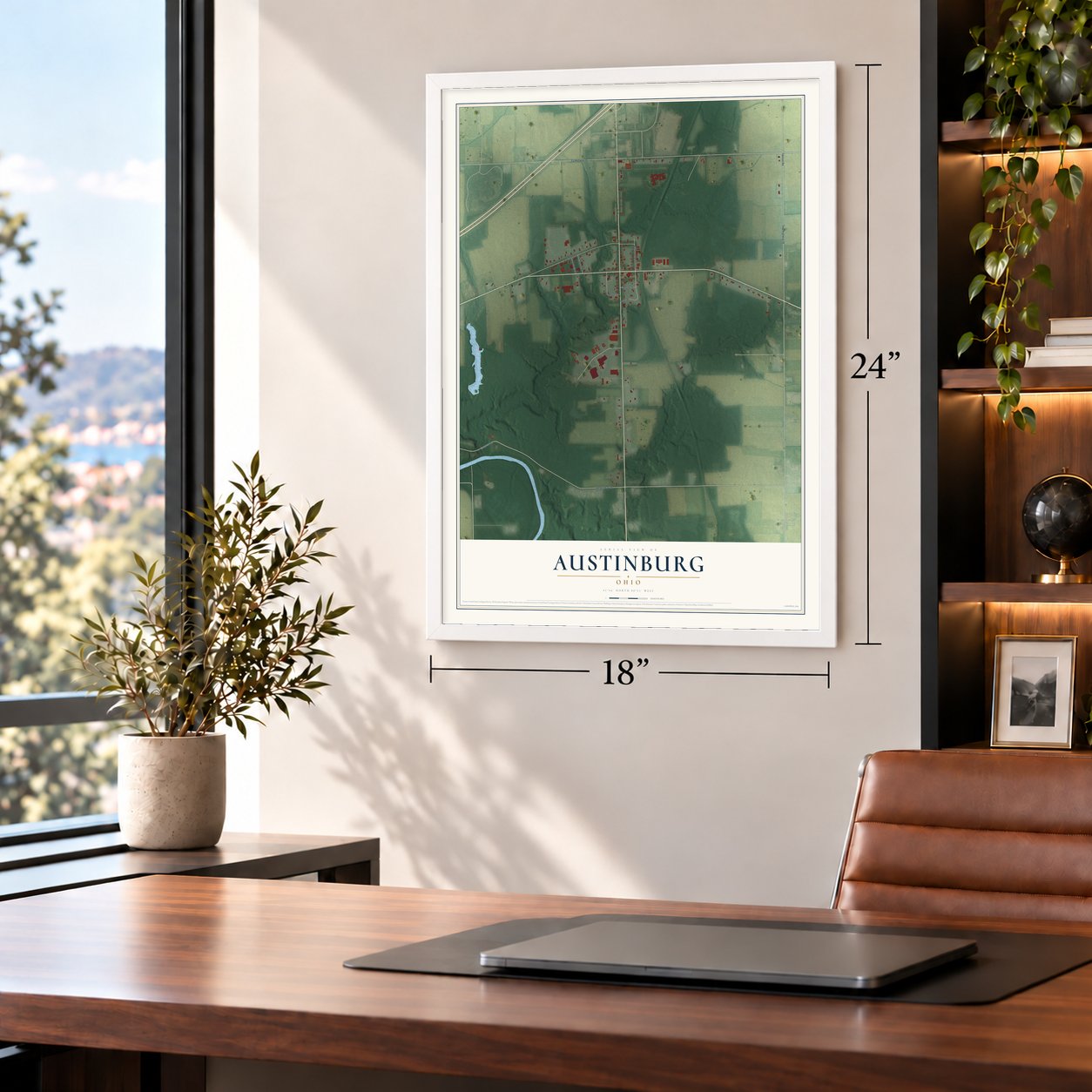 Austinburg, Ohio map, 18 x 24 inch print in a white frame in a home office