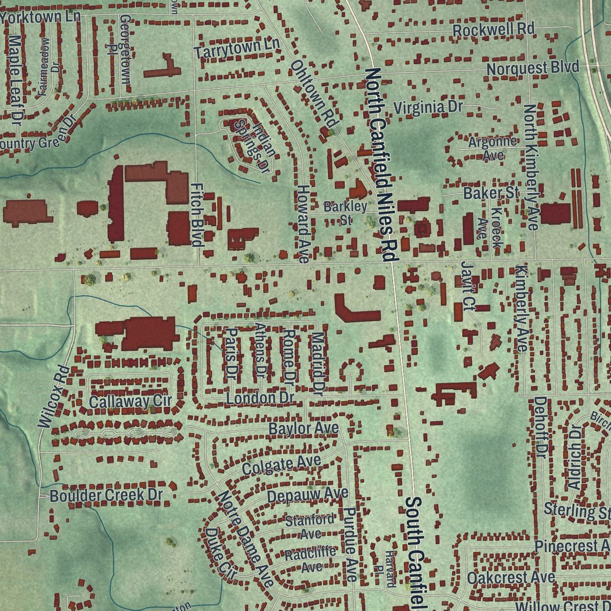 Second close-up of the map of Austintown, Ohio print showing more streets and buildings