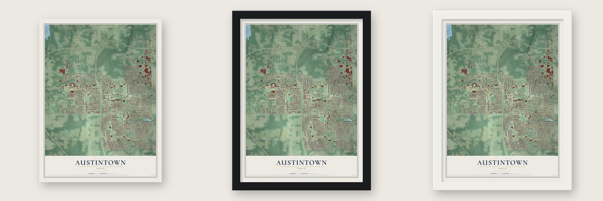 Austintown, Ohio map unframed, in a black wood frame and in a white wood frame
