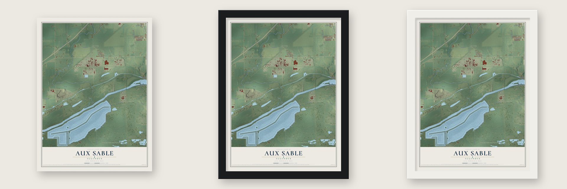 Aux Sable, Illinois map unframed, in a black wood frame and in a white wood frame