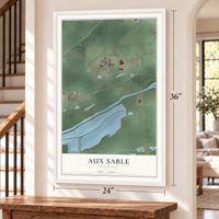 Aux Sable, Illinois map, 24 x 36 inch print in a white frame by a staircase