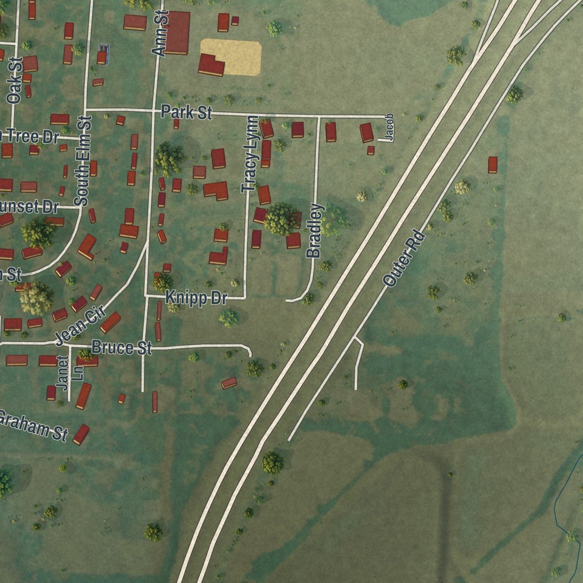Second close-up of the map of Auxvasse, Missouri print showing more streets and buildings
