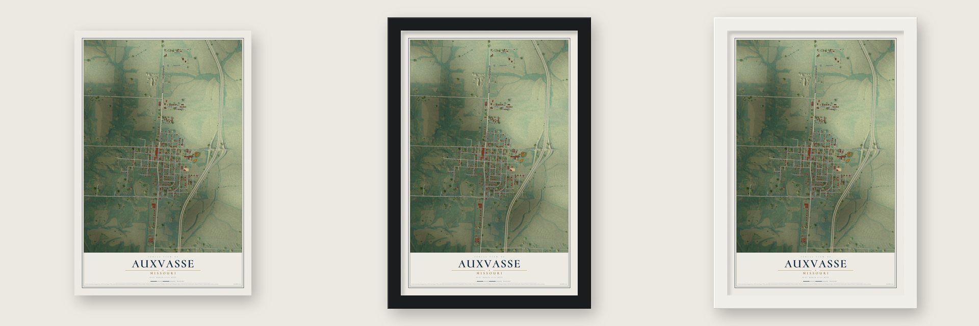 Auxvasse, Missouri map unframed, in a black wood frame and in a white wood frame