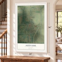 Auxvasse, Missouri map, 24 x 36 inch print in a white frame by a staircase