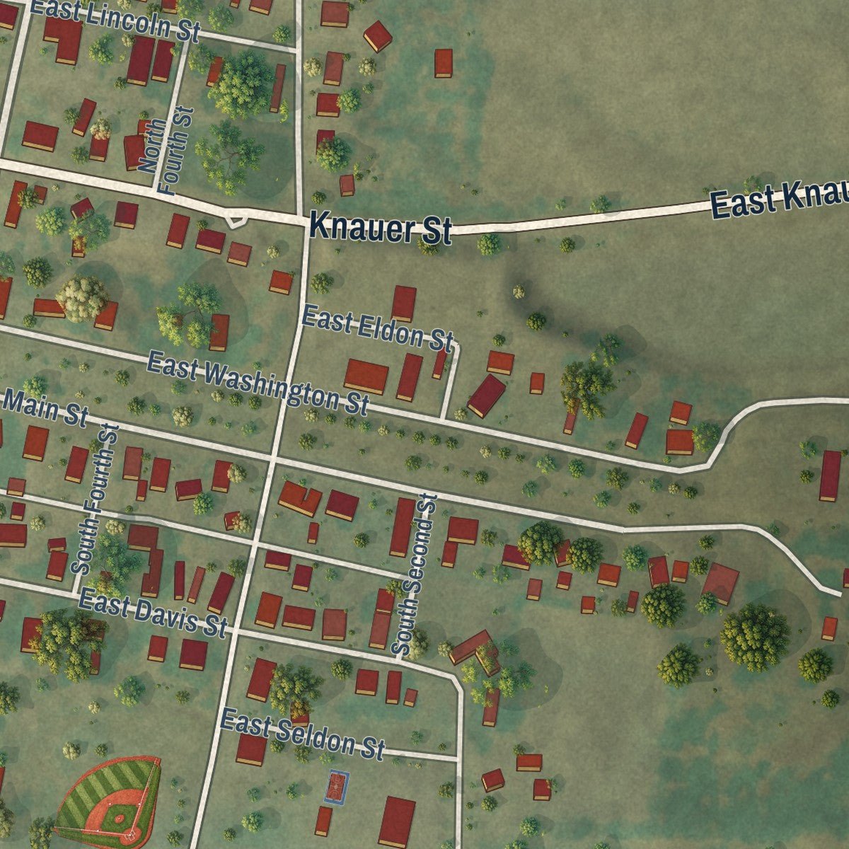 Second close-up of the map of Ava, Illinois print showing more streets and buildings