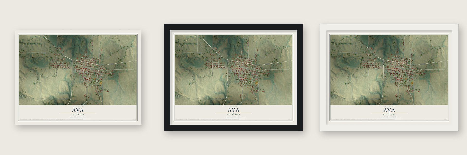 Ava, Illinois map unframed, in a black wood frame and in a white wood frame