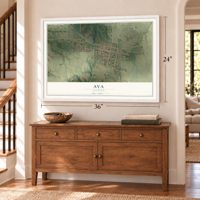 Ava, Illinois map, 24 x 36 inch print in a white frame above a dresser by a staircase