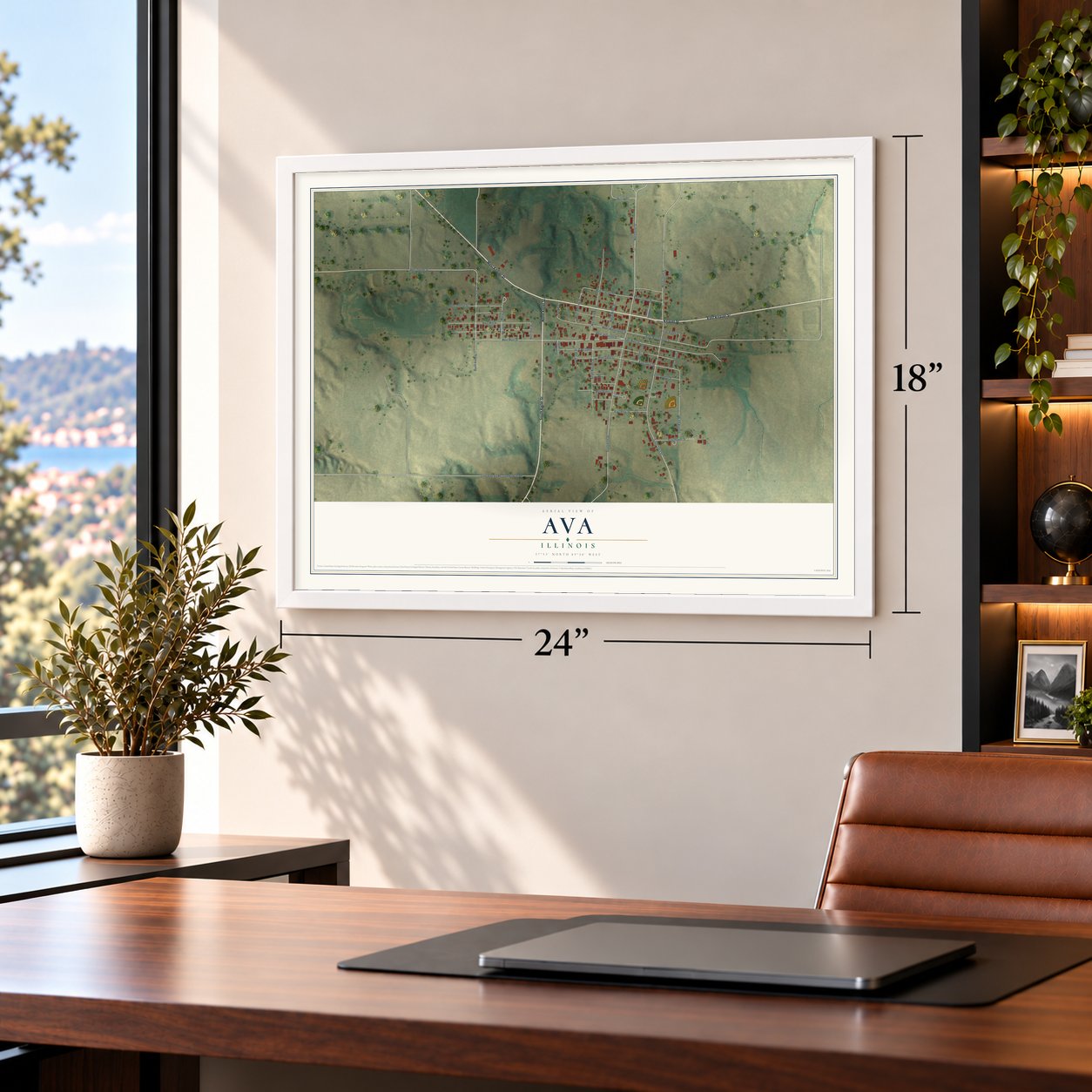 Ava, Illinois map, 18 x 24 inch print in a white frame in a home office
