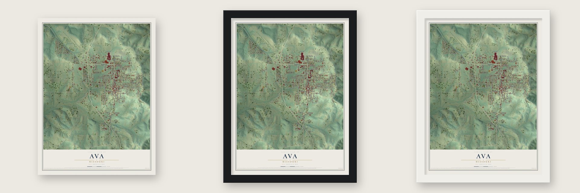 Ava, Missouri map unframed, in a black wood frame and in a white wood frame