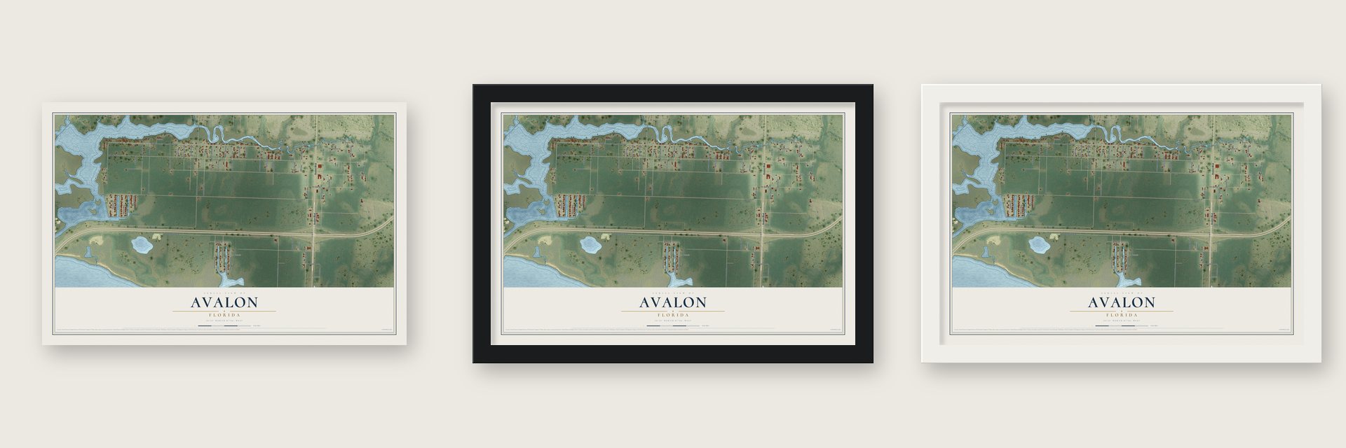 Avalon, Florida map unframed, in a black wood frame and in a white wood frame