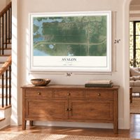 Avalon, Florida map, 24 x 36 inch print in a white frame above a dresser by a staircase