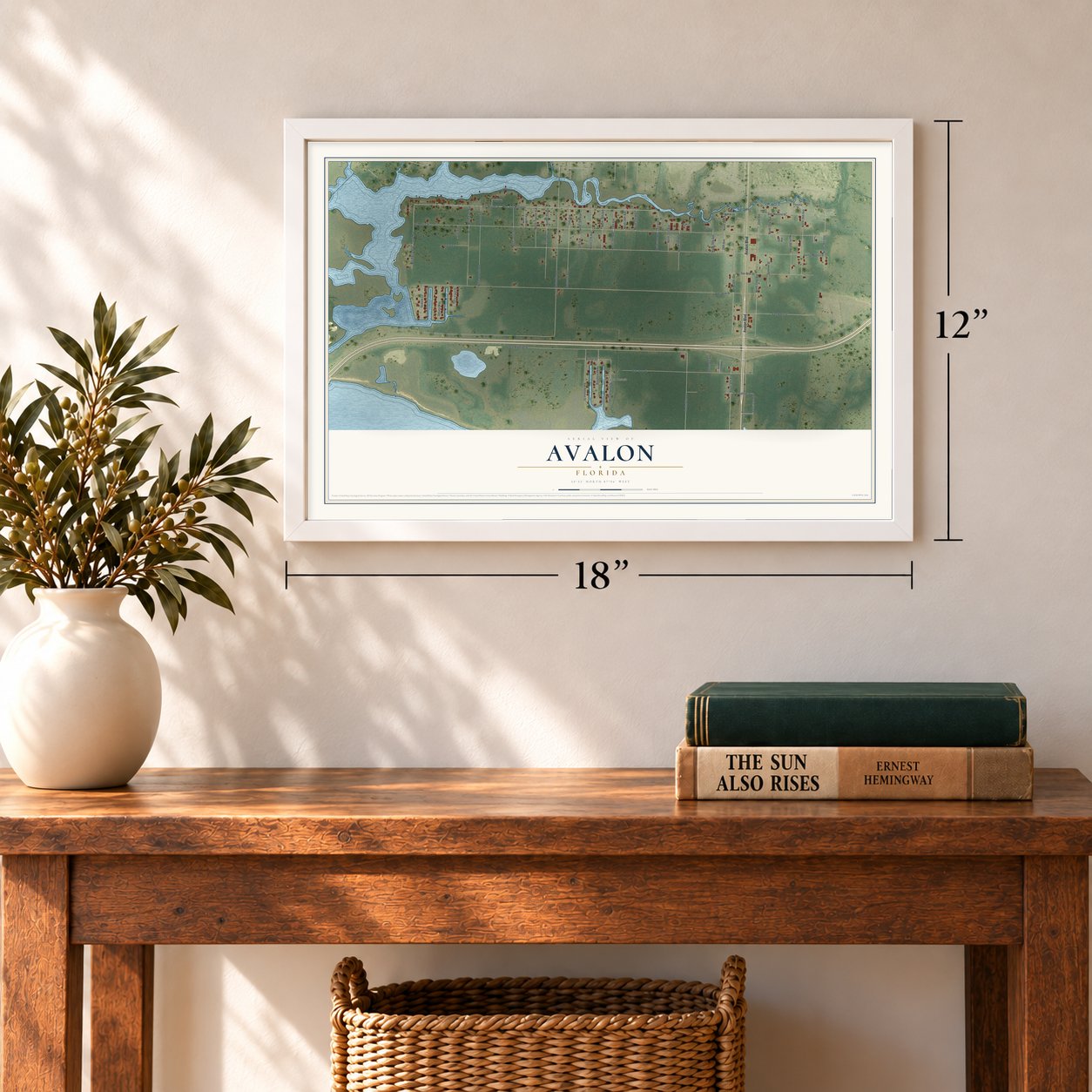 Avalon, Florida map, 12 x 18 inch print in a white frame in an entryway