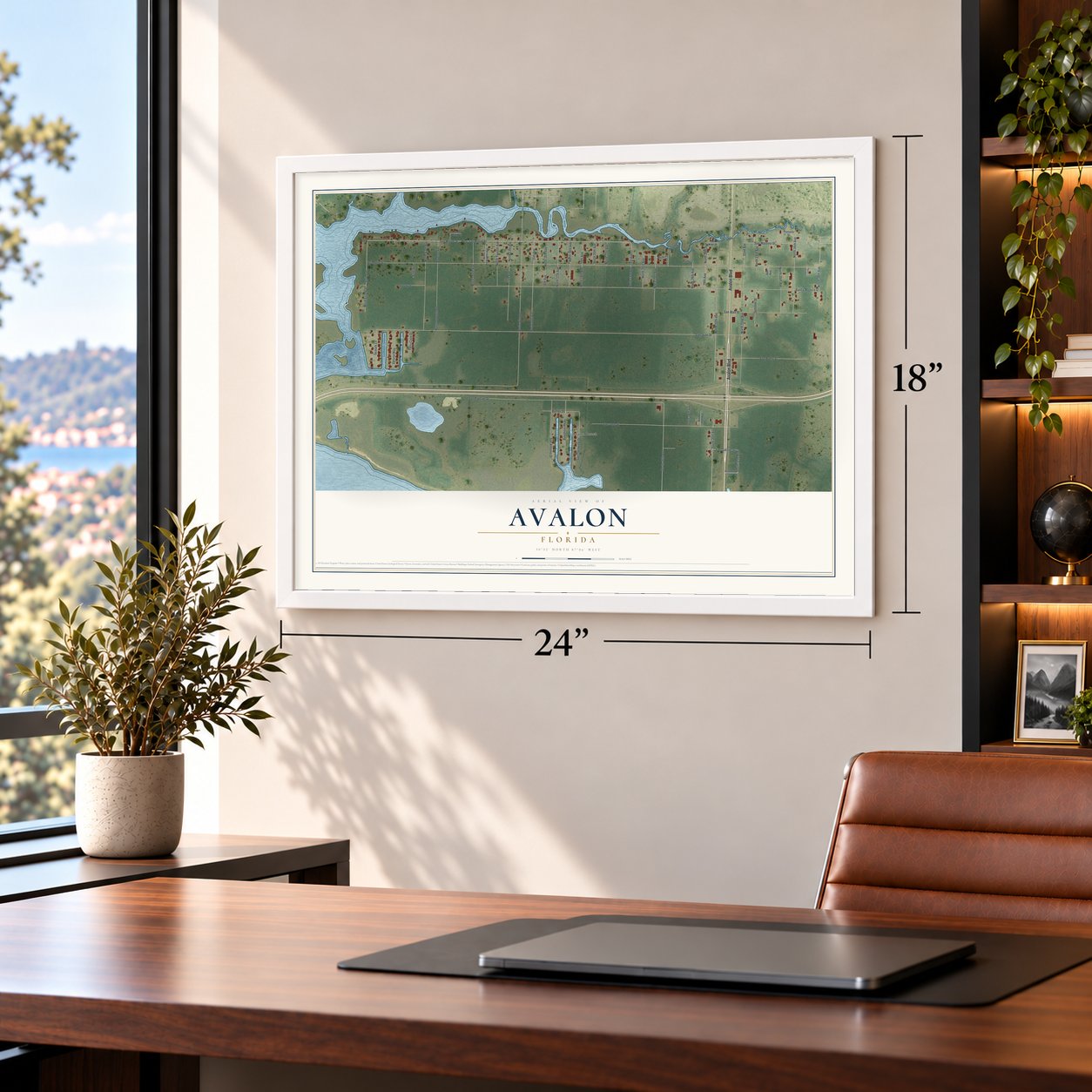 Avalon, Florida map, 18 x 24 inch print in a white frame in a home office