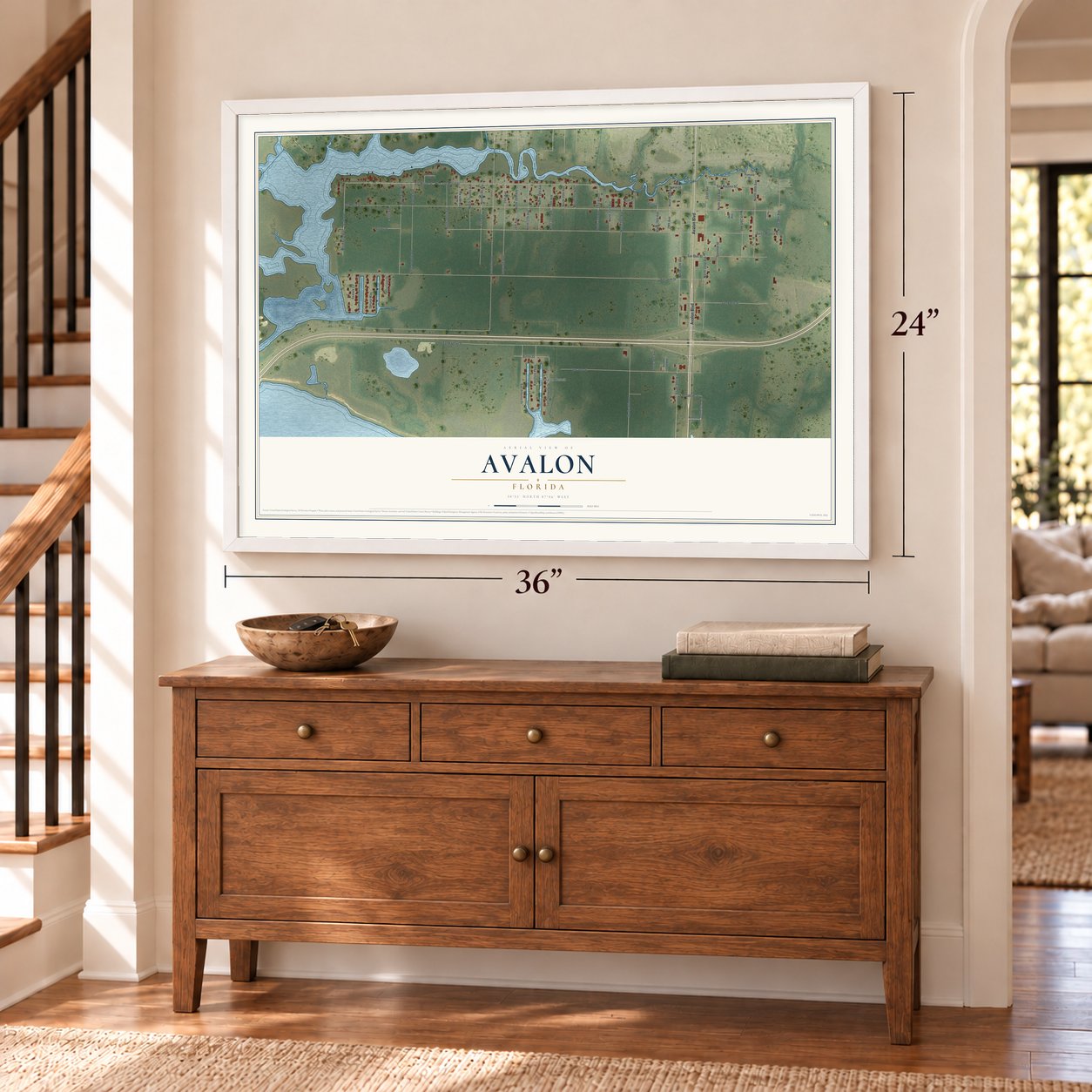 Avalon, Florida map, 24 x 36 inch print in a white frame above a dresser by a staircase