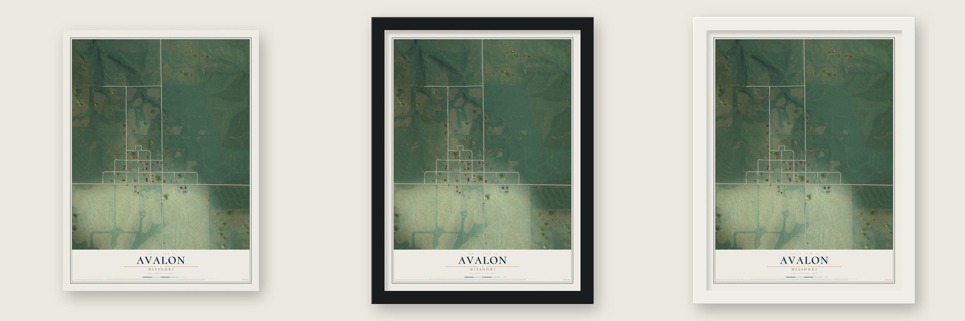 Avalon, Missouri map unframed, in a black wood frame and in a white wood frame