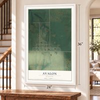 Avalon, Missouri map, 24 x 36 inch print in a white frame by a staircase