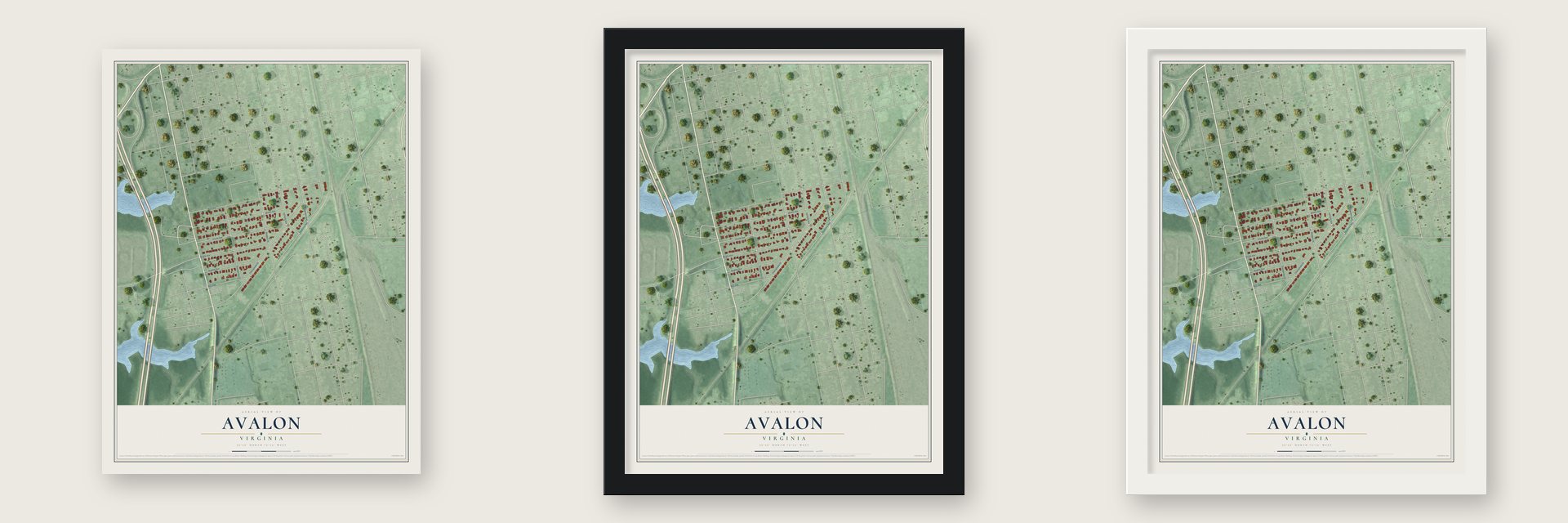 Avalon, Virginia map unframed, in a black wood frame and in a white wood frame