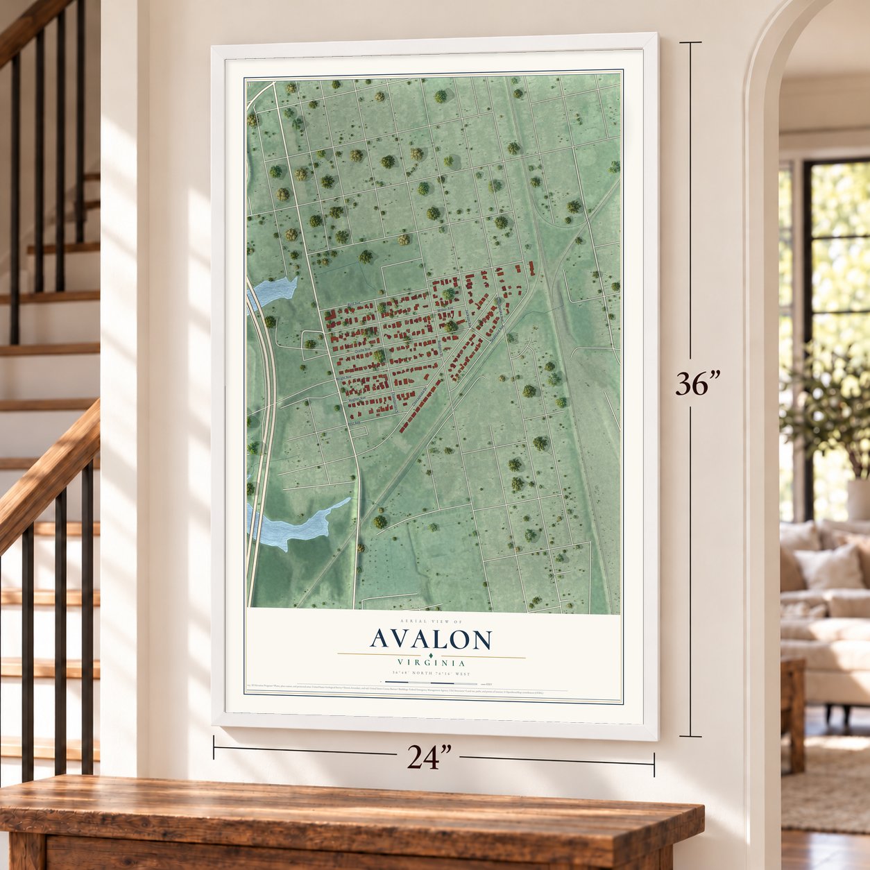 Avalon, Virginia map, 24 x 36 inch print in a white frame by a staircase