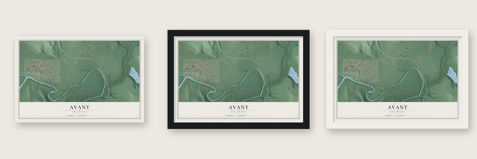 Avant, Oklahoma map unframed, in a black wood frame and in a white wood frame