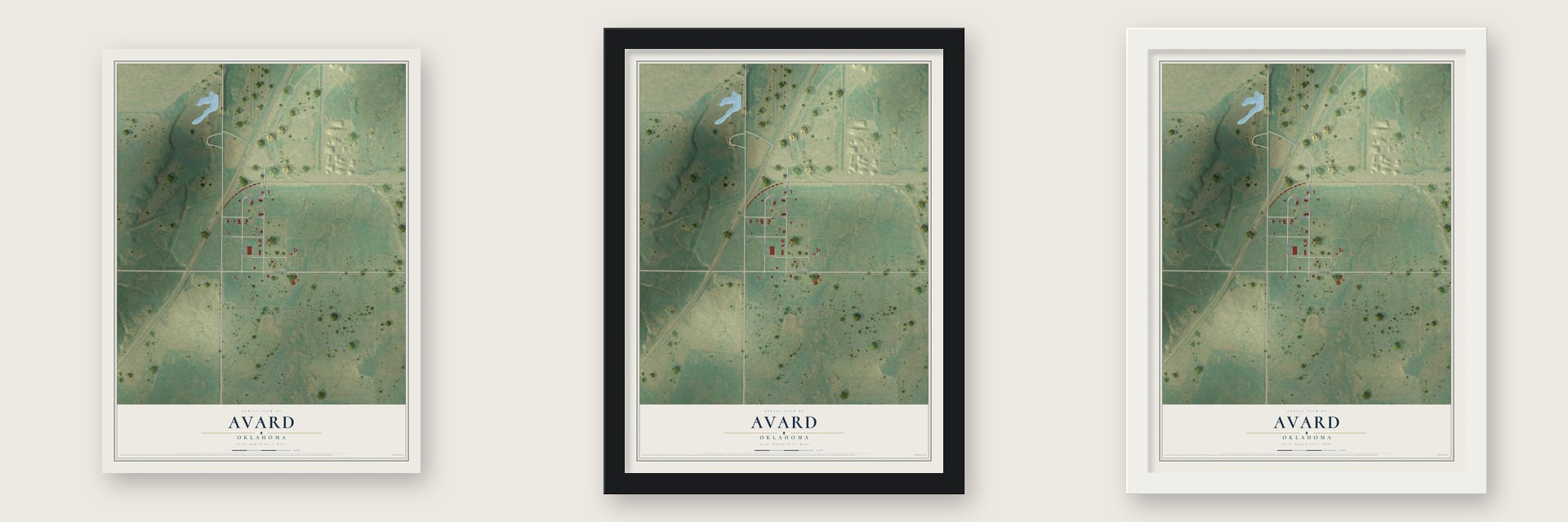 Avard, Oklahoma map unframed, in a black wood frame and in a white wood frame