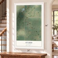 Avard, Oklahoma map, 24 x 36 inch print in a white frame by a staircase