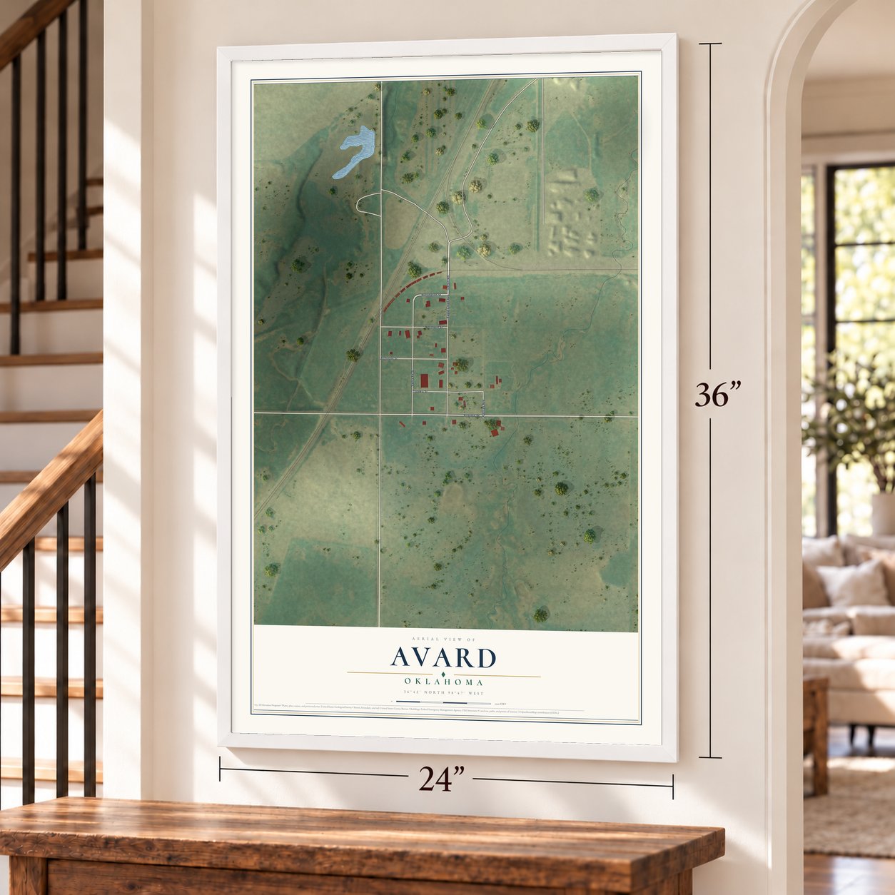 Avard, Oklahoma map, 24 x 36 inch print in a white frame by a staircase