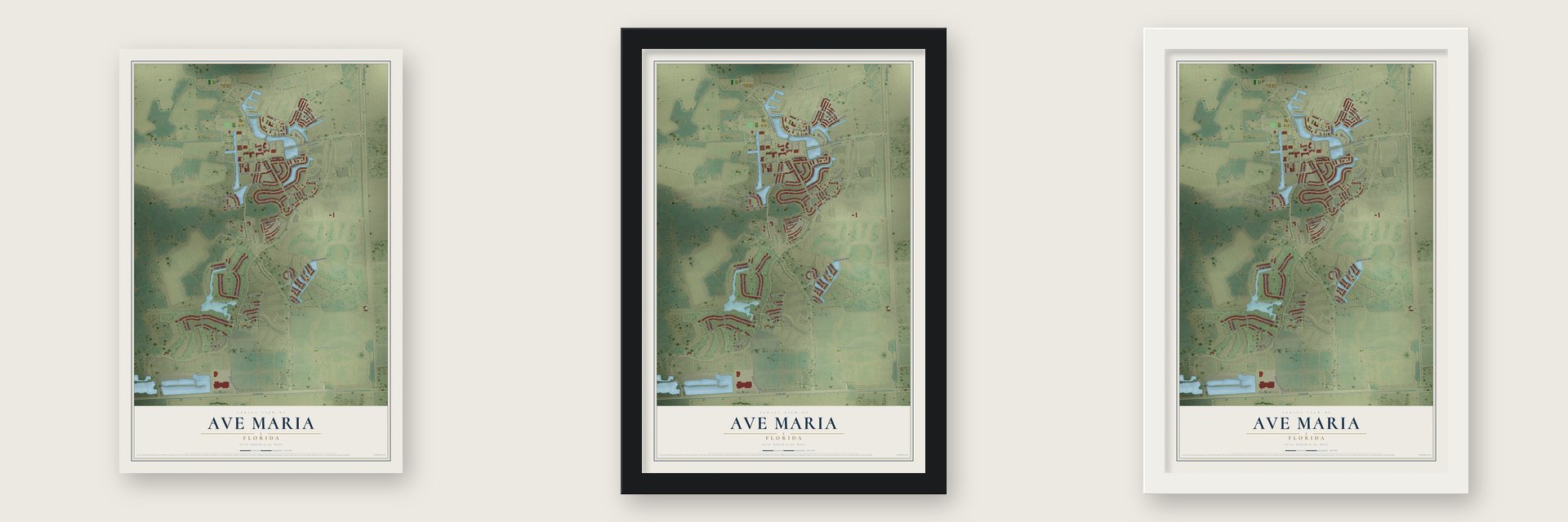 Ave Maria, Florida map unframed, in a black wood frame and in a white wood frame