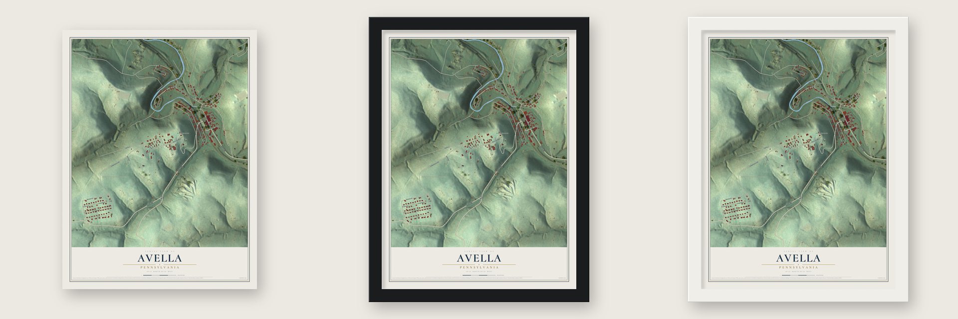 Avella, Pennsylvania map unframed, in a black wood frame and in a white wood frame