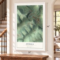 Avella, Pennsylvania map, 24 x 36 inch print in a white frame by a staircase