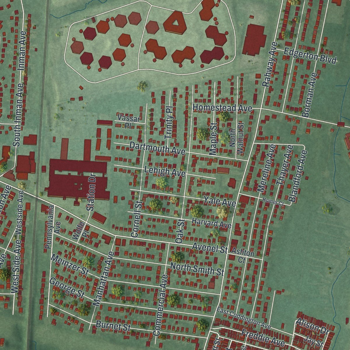 Second close-up of the map of Avenel, New Jersey print showing more streets and buildings