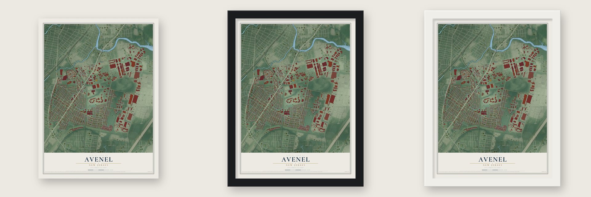 Avenel, New Jersey map unframed, in a black wood frame and in a white wood frame