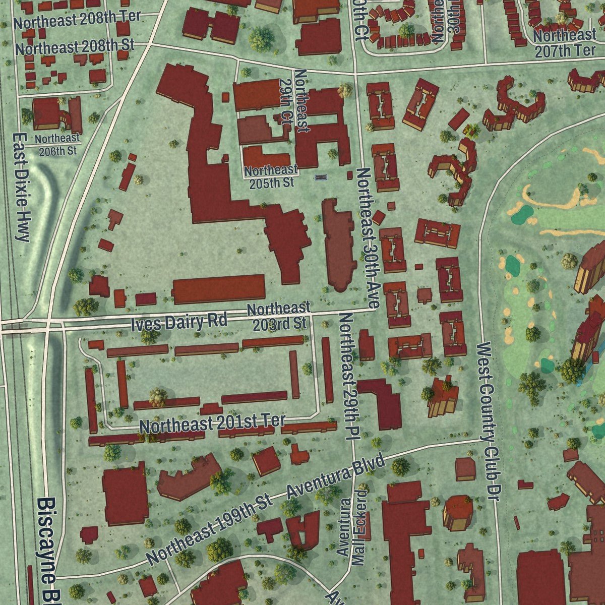 Second close-up of the map of Aventura, Florida print showing more streets and buildings