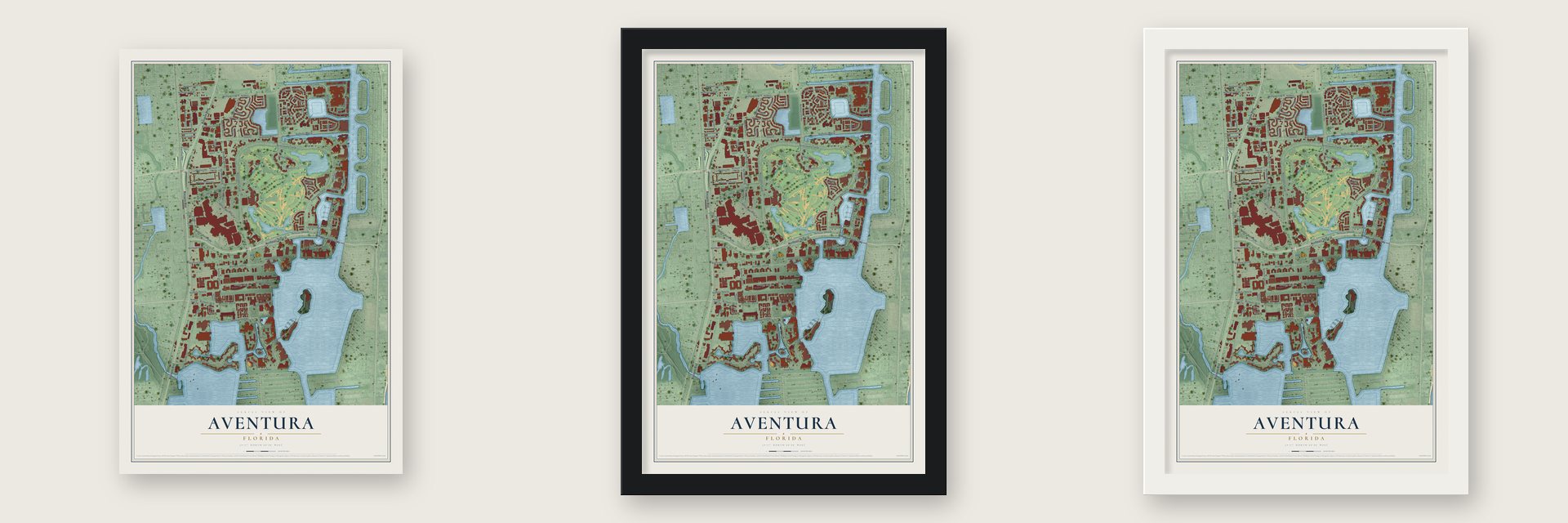 Aventura, Florida map unframed, in a black wood frame and in a white wood frame