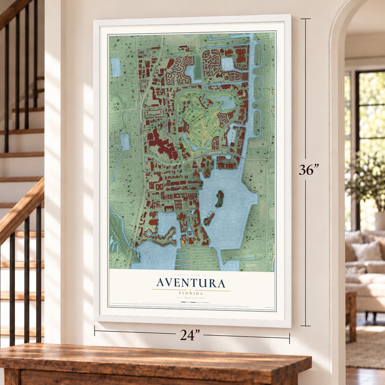 Aventura, Florida map, 24 x 36 inch print in a white frame by a staircase
