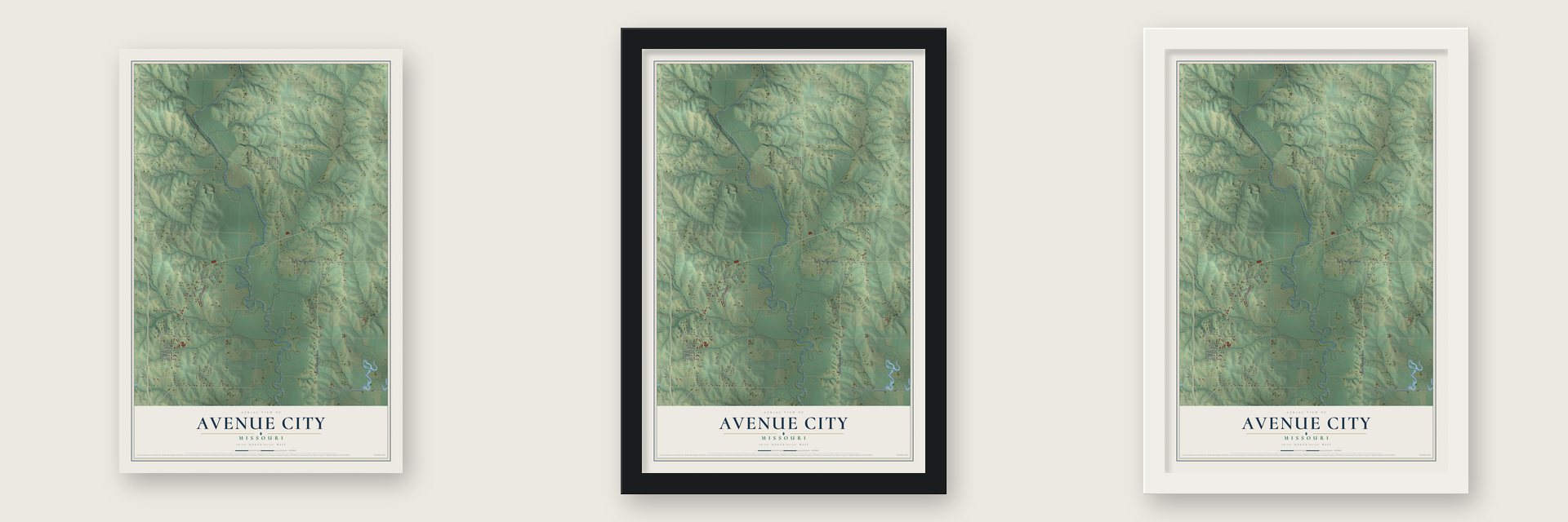 Avenue City, Missouri map unframed, in a black wood frame and in a white wood frame